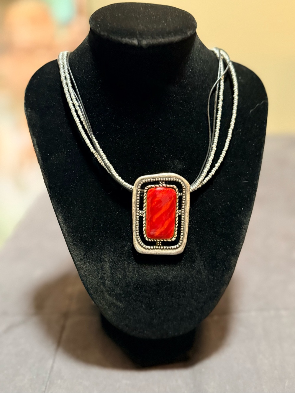 Chico's Silver Multi-Strand Necklace with Red Stone Pendant